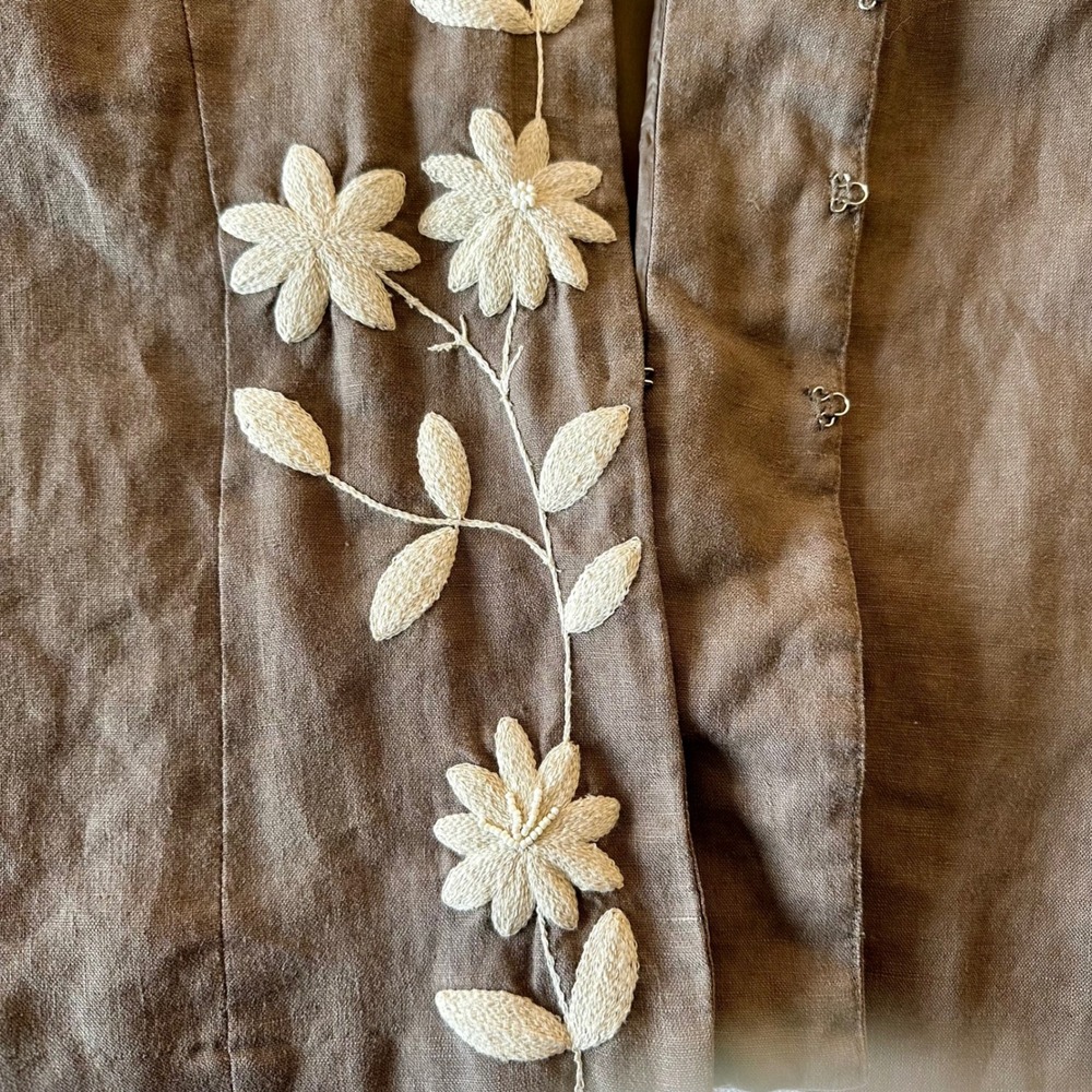 Chicos Linen‎ Taupe & Cream Floral Embroidery Jacket Size Large Chicos 2 Boho - Picture 11 of 12